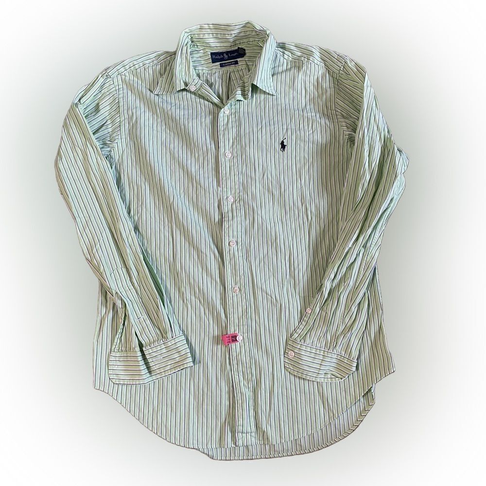 Vintage Ralph Lauren Green and White Striped Dress Shirt